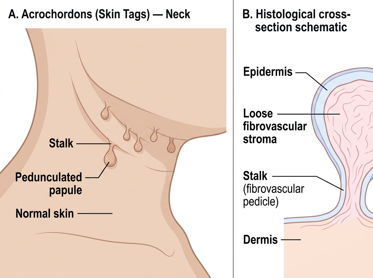 Two-panel illustration: Panel A shows multiple pedunculated flesh-coloured acrochordons on the neck with labels for stalk and pedunculated papule; Panel B shows a longitudinal cross-section schematic of a single skin tag with labels for epidermis, loose fibrovascular stroma, stalk, and dermis.