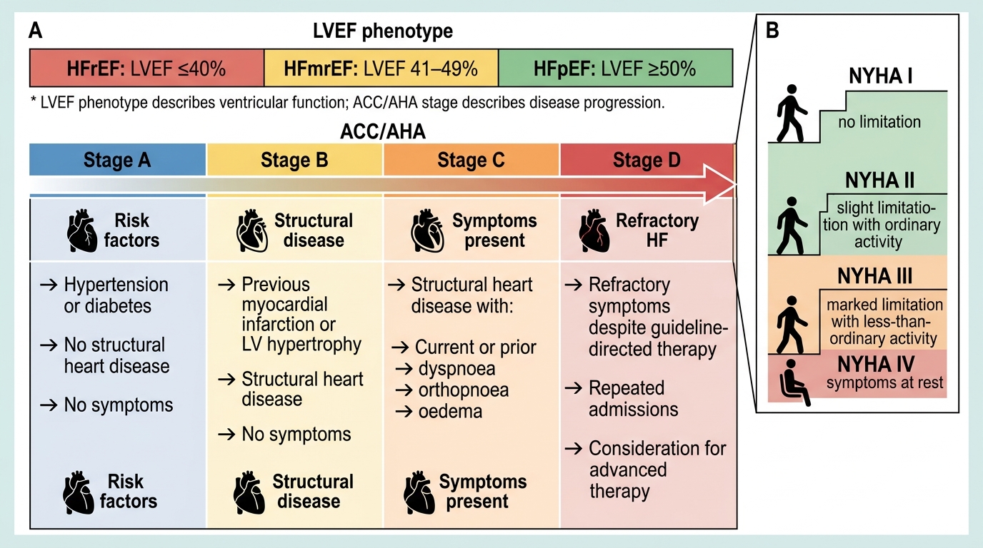Infographic combining LVEF heart failure phenotypes, ACC/AHA stages A to D, clinical vignettes, and an inset NYHA I to IV symptom scale.