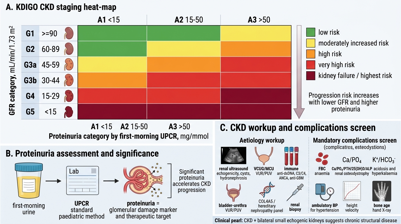 A three-panel CKD education diagram showing the KDIGO GFR versus UPCR risk grid, paediatric proteinuria assessment, and key aetiology and complications workup items.